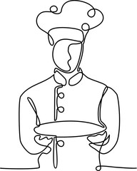Chef holds an empty empty round plate with a place for food. One line chef vector. Continuous line drawing