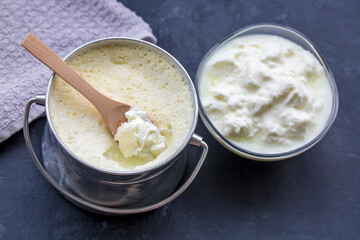 Turkish and Greek traditional dairy food yogurt or yoghurt in a pot (Goat yogurt)