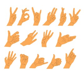 Set of people hands. Different gestures. Vector illustration