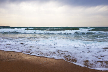 Corfu beach. View over the sandy beach with amazing stones at Acharavi on the Greek island of Greece
