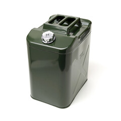 Green metal canister for gasoline on a white background.