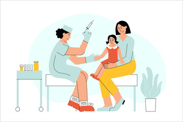 Female therapist or nurse vaccinating a child while mother holding her on knees . Injection for healthcare, medical immunization, vaccine testing or disease treatment vector illustration.