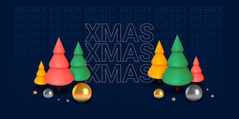 Fototapeta na wymiar Christmas background in 3d realistic vector design. Abstract xmas tree with gift and golden balls. Happy new year card illustration. Web banner template layout.