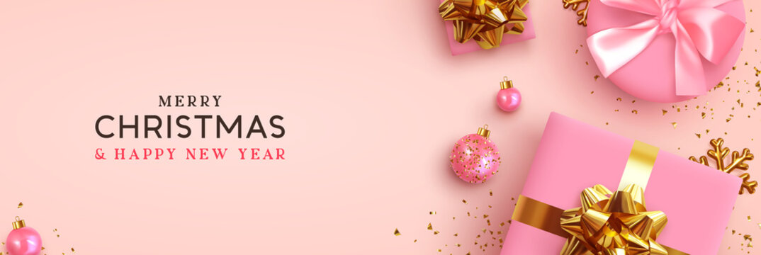 Christmas banner. Background Xmas design of realistic pink gift box, golden 3d render snowflake and glitter gold confetti, bauble ball. Horizontal christmas poster, greeting card, headers for website