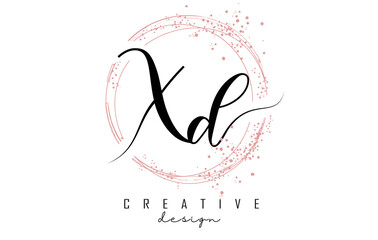 Handwritten XD X D letter logo with sparkling circles with pink glitter.