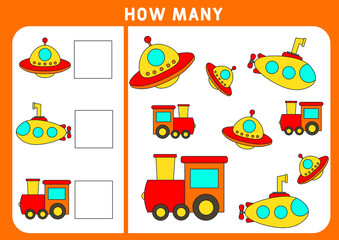 Counting Game for Preschool Children. Educational a mathematical game. Subtraction worksheets. How many objects task. Learning mathematics, numbers. Set of transports - submarine, ufo, train.
