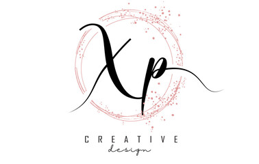 Handwritten XP X P letter logo with sparkling circles with pink glitter.