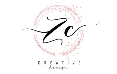 Handwritten ZC Z C letter logo with sparkling circles with pink glitter.