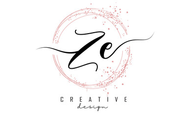 Handwritten ZE Z E letter logo with sparkling circles with pink glitter.