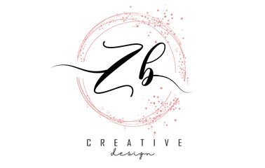 Handwritten ZB Z B letter logo with sparkling circles with pink glitter.