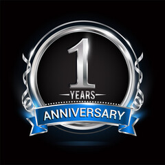 Logo celebrating 1st years anniversary with silver ring and blue ribbon.