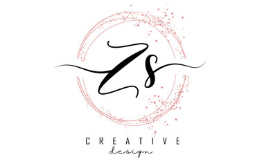 HandwrittenZS Z S letter logo with sparkling circles with pink glitter.