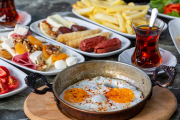 Traditional delicious Turkish breakfast. Food concept photo.