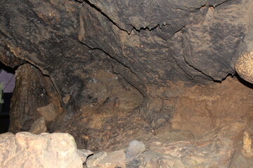 Crimea / Russia. red cave inside. Stalactites and stalagmites