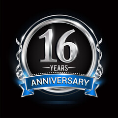 Logo celebrating 16th years anniversary with silver ring and blue ribbon.