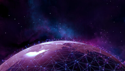 Planet earth in space, surrounded by a mesh of connections.  3D render / rendering