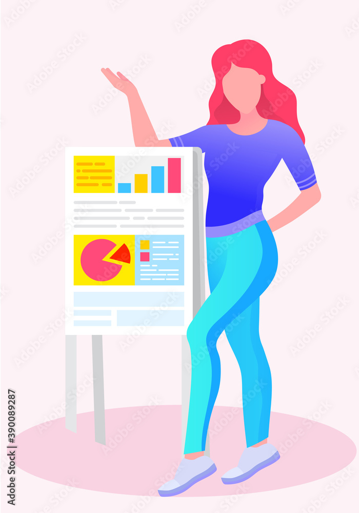 Poster working and analyzing financial statistics. the young girl stands next to the sign. graphs and diagr