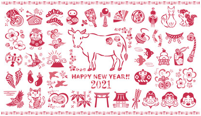 2021年　丑年①　牛・お正月・縁起物などのアイコンイラストセット - obrazy, fototapety, plakaty