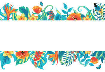 Banner with tropical leaves, flowers and a bird. © Oksana