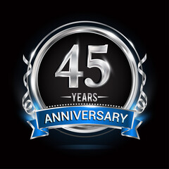 Logo celebrating 45th years anniversary with silver ring and blue ribbon.