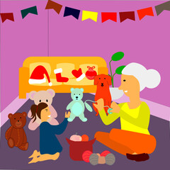 Old women making or sewing toys or gifts to festival, Knitted teddybears for chirstmas gift or new year because of ongoing pandemic of virus, coronavirus.