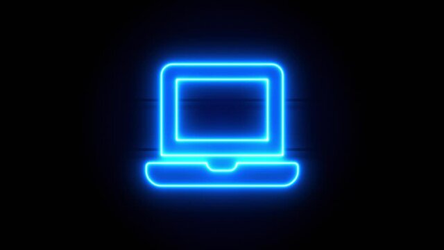 Laptop neon sign appear in center and disappear after some time. Animated blue neon symbol on black background. Looped animation.