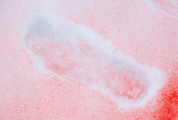 Trail with red paint on the snow in winter.