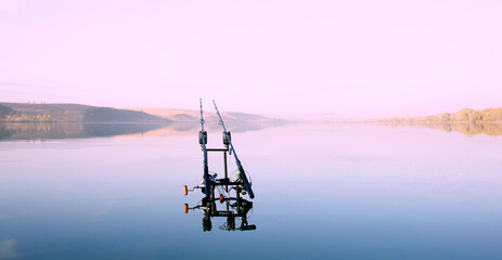 carp rods in the water in the early morning