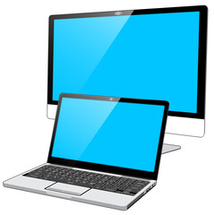 2 “Cloud” connected Devices – a Laptop Personal computer (PC) and a Large Display “All in One” PC. The Blue screens indicate the devices are powered on.
