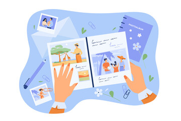 Retro photo album with happy family pictures and inscriptions in female hands. Vector illustration for photography, memory, lifestyle concept