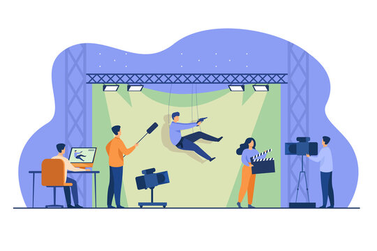 Shooting team filming action scene with stunt falling and holding gun against green backdrop. Vector illustration for cinema, moviemaking, casting, stunt man concept