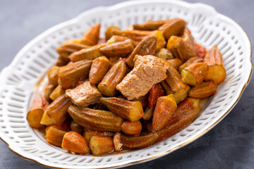 Bamya, Turkish traditional food. (Turkish cuisine) Homemade Food Okra in Plate. Organic Food.