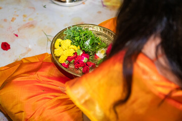 Orange silk saree , bride , traditional Hindu wedding , India	
