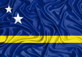 Curacao , national flag on fabric texture waving background.