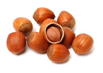 Hazelnuts on a white background