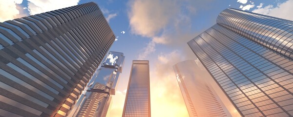Fototapeta na wymiar Beautiful skyscrapers against the background of clouds, modern high-rise buildings at sunset, panorama of skyscrapers from below, sunset in the skyscrapers, 3D rendering