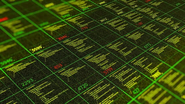 Table of cryptocurrency stock exchange market data, seamless loop. Animation. Abstract informational background with flowing squares with some code details and numbers.