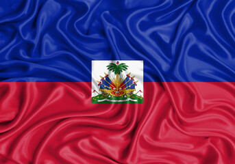 Haiti , national flag on fabric texture waving background.