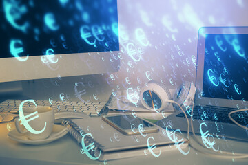 Financial chart drawing and table with computer on background. Multi exposure. Concept of...