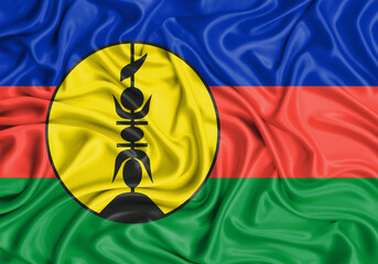 New Caledonia , national flag on fabric texture waving background.