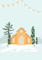 Cute winter house in snowy landscape. Template for greeting card, Christmas or New Year poster, banner, print for resort advertising. Suburban, vacation home in the forest. Light bulb and copy space