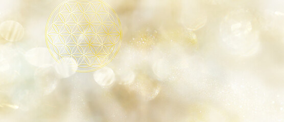 Banner Blume des Lebens in schillernd hellem, golden-weißem Licht mit viel Textfreiraum zur individuellen Gestaltung