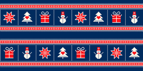 Winter Holiday Pixel Pattern with a Christmas Symbols. Snowflake, Christmas Tree, Present Box and Snowman Ornament. Vector Seamless Holiday Design Background.