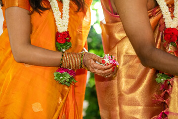 Orange silk saree , bride , traditional Hindu wedding , India	