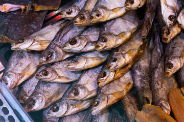 dried fish chekhon on the counter of the store