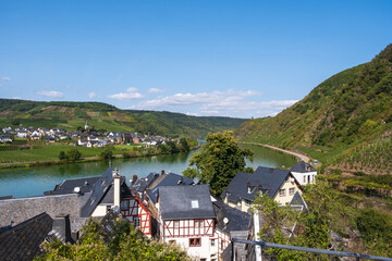Looking down on Beilstein / Germany and the Moselle on a sunny day