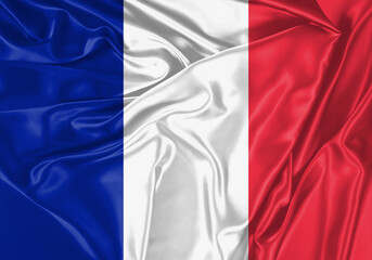 France flag waving in the wind. National flag on satin cloth surface texture. Background for international concept.