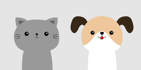 Cute cat dog set. Head face icon. Funny kawaii doodle baby animal. Cartoon funny character. Two friends. Pet collection. Kitten kitty puppy pooch. Flat design. White background. Isolated.
