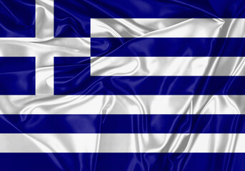 Greece flag waving in the wind. National flag on satin cloth surface texture. Background for international concept.