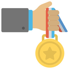 
Gold medal in businessman hand symbolising successful businessman 
